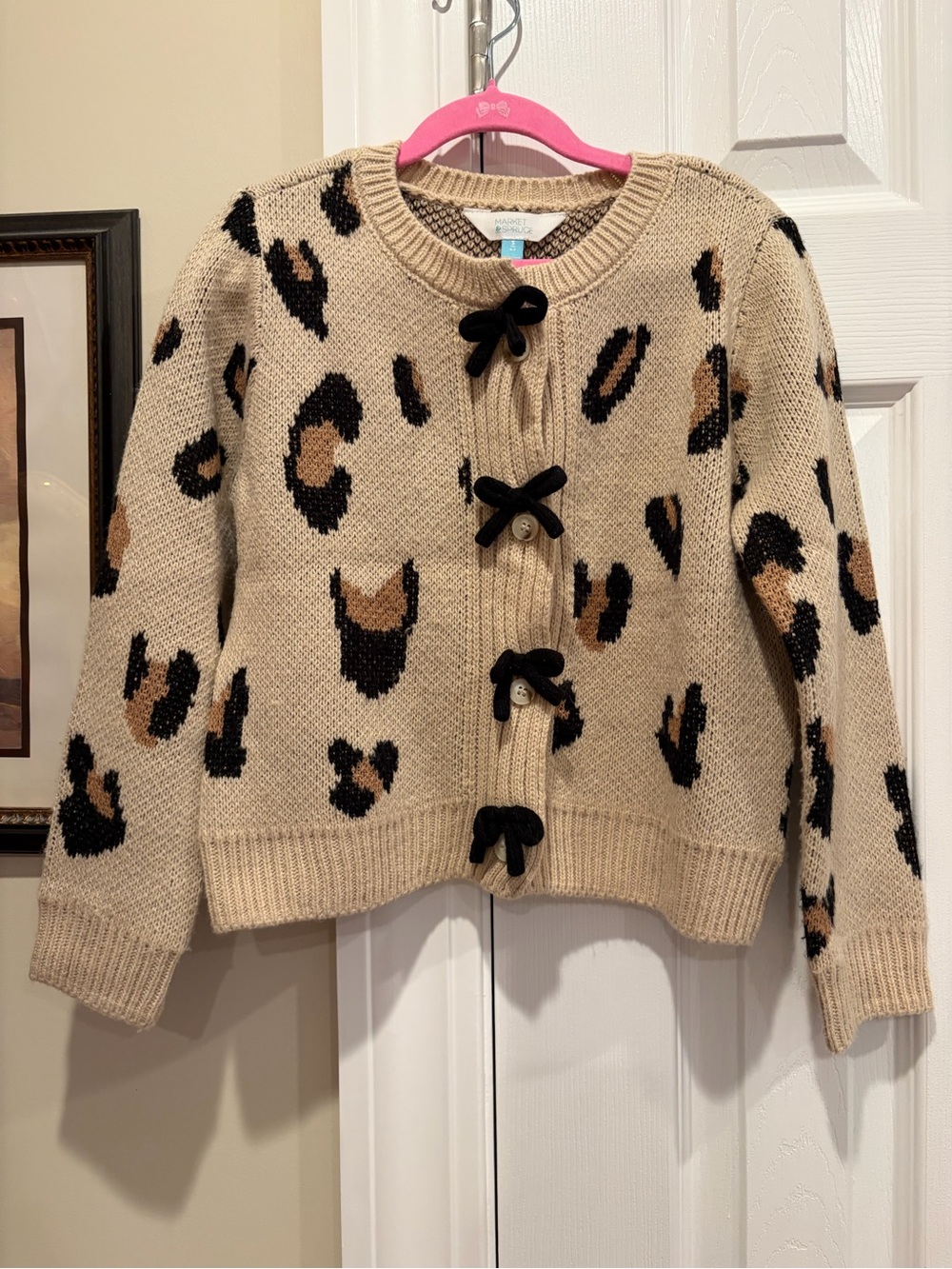 Girls' Tan Leopard Knit Cardigan with Black Bows 🐆🤎🖤🎀